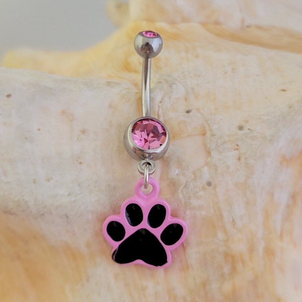 Paw Belly Ring with CZ gems pink black dangle stainless steel print NEW